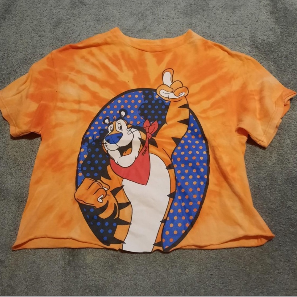 Upcycled bleached orange Kellogg's frosted flakes T-shirt